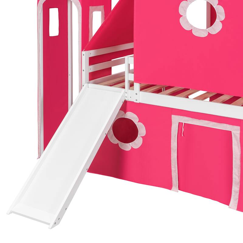 Castle Frame Bed Wood Loft Bed Loft Bed Convertible To Mini Playground with Pink Tent and Tower, Child Bed Tent
