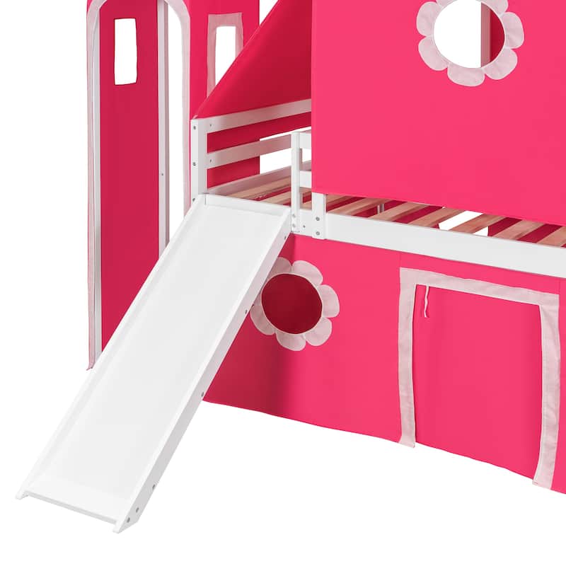 Pink Castle Loft Bed Full Size Bed Tent Frame for Kids with Tower, Slide, Charming window and Semi-enclosed Underbed Space