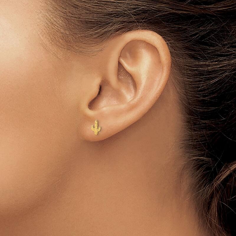 Curata 14k Yellow Gold Textured Cactus Post Earrings - 7x4.5mm