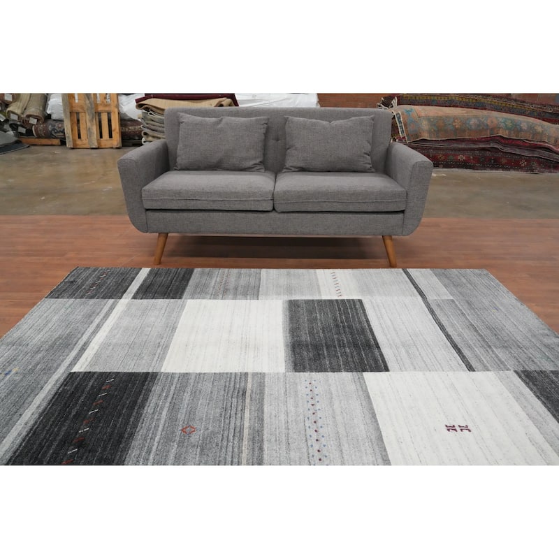 Hand Knotted Oriental 100% Wool Carpet Tribal Geometric Greys & Charcoal Gabbeh Area Rug - 7' 7'' X 5' 3''