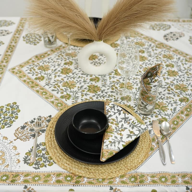 Fabdivine Floral Cotton Table Cover or Cloth Handmade Block Print for Dining & Home Décor Accent