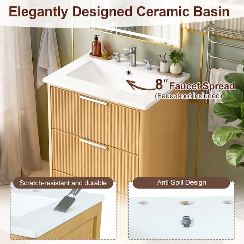 24 Inch Bathroom Vanity with Ceramic Sink, Modern Storage Cabinet with 3 Drawers and Open Shelf