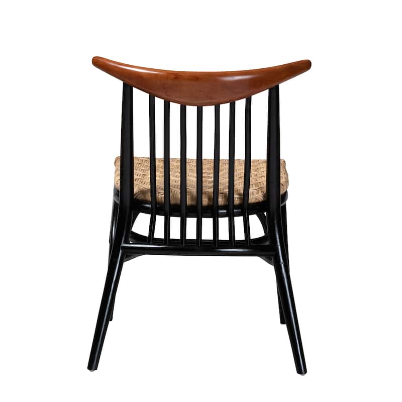 Parthenia Mid-Century Modern Two-Tone Black and Walnut Brown Finished Mahogany Wood and Natural Rattan Dining Chair