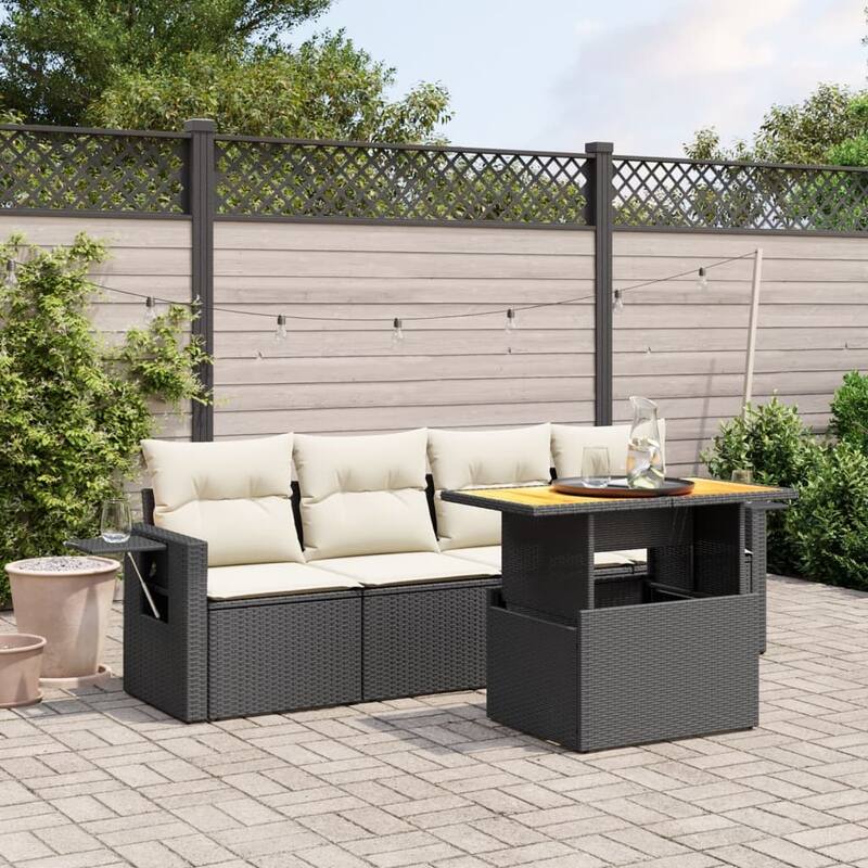 vidaXL Patio Sofa Set with Cushions Sectional Sofas Outdoor 5 Piece Poly Rattan - 21.7 x 39.4 x 28.7 - Black