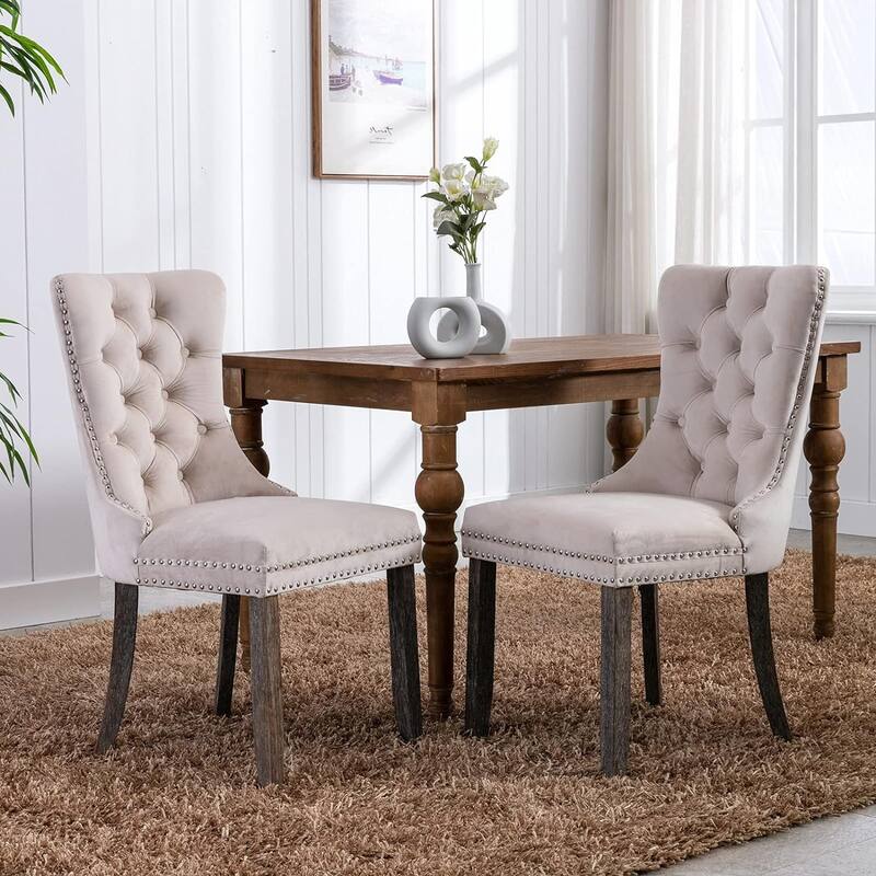 Velvet Dining Chairs Set of 2, Tufted Dining Chairs with Nailhead Back and Ring Pull Trim - 25.5×19.7×37.4inch - Beige
