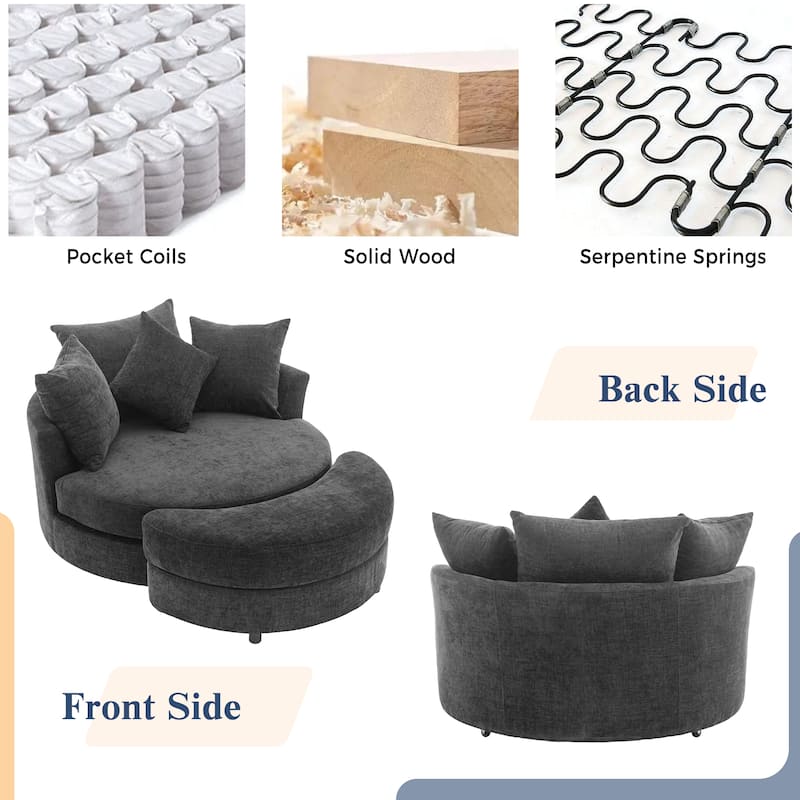 Modern Chenille Swivel Barrel Chair with Storage Ottoman and 4 Pillows