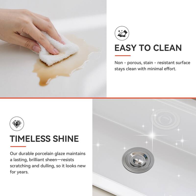 HOROW 33 in. Drop-In Single Bowl Ceramic White Kitchen Sink Standard and Bottom Grid, Drain Assembly, Cutting Board