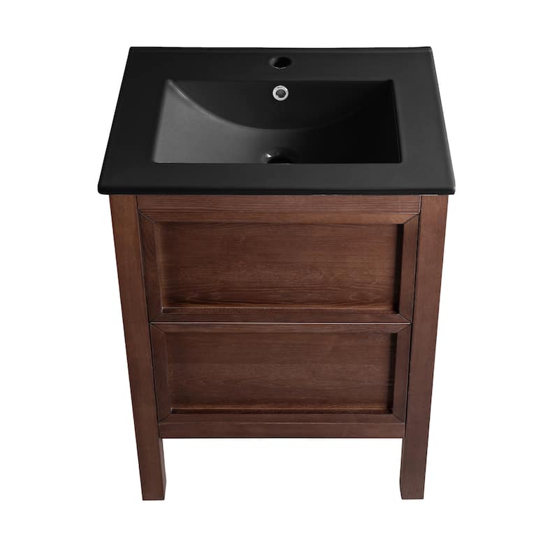 Nadar 24 In. Brown Walnut Bathroom Vanity With Black Ceramic Sink Top