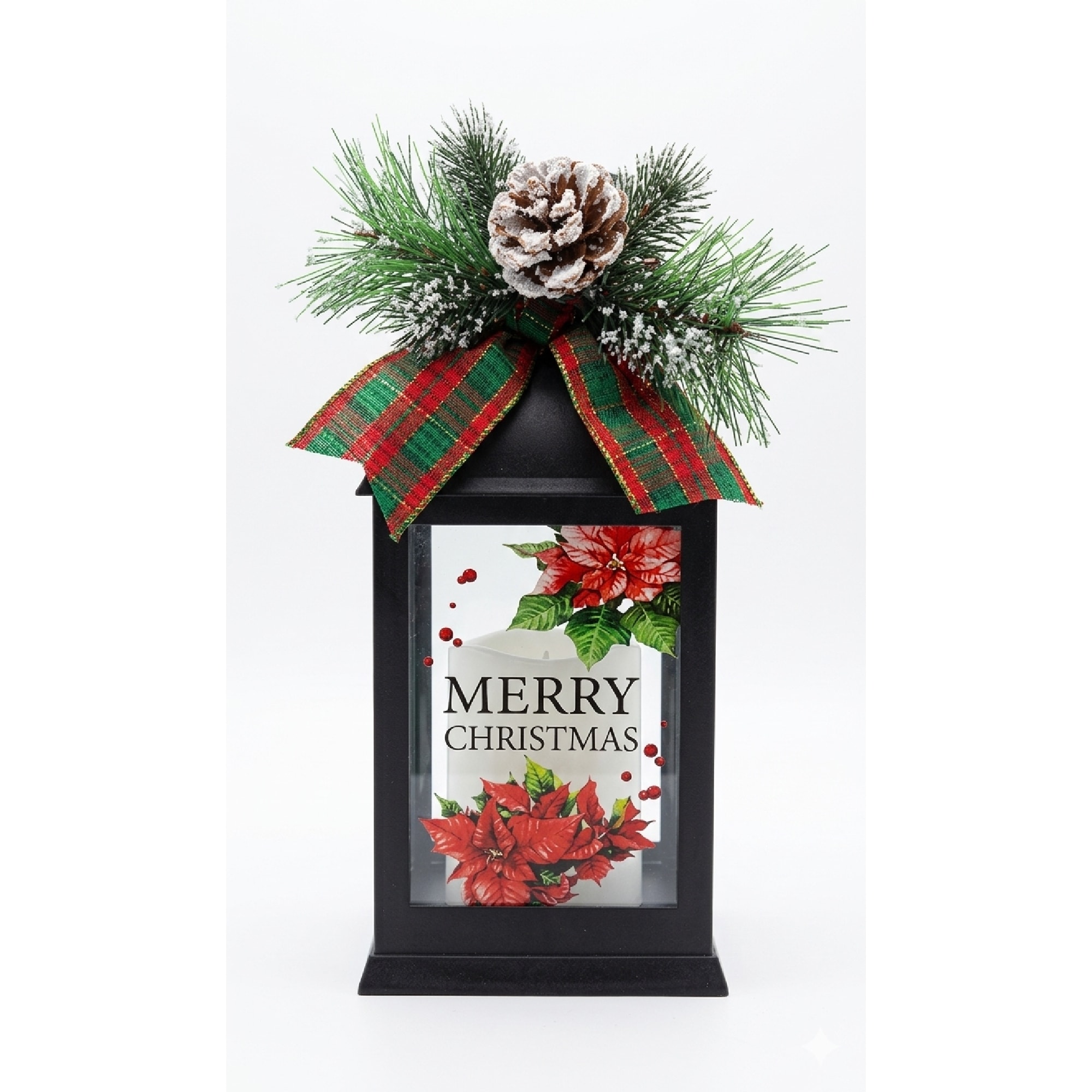 LED Black Lantern with Greenery Merry Christmas