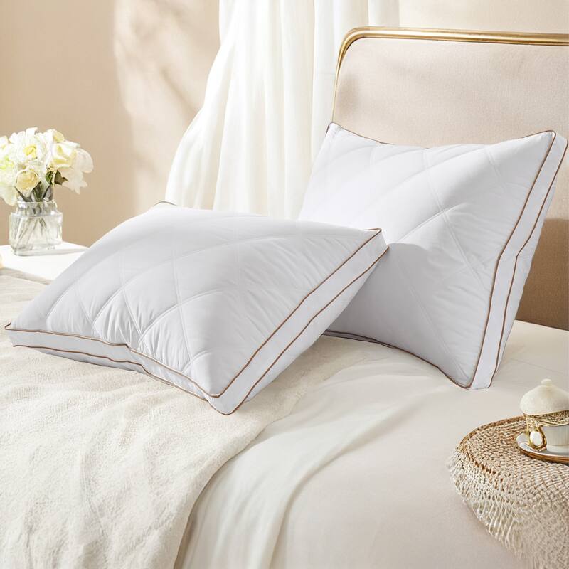 2 Pack Soft Gusseted Goose Feather Down Bed Pillows - White