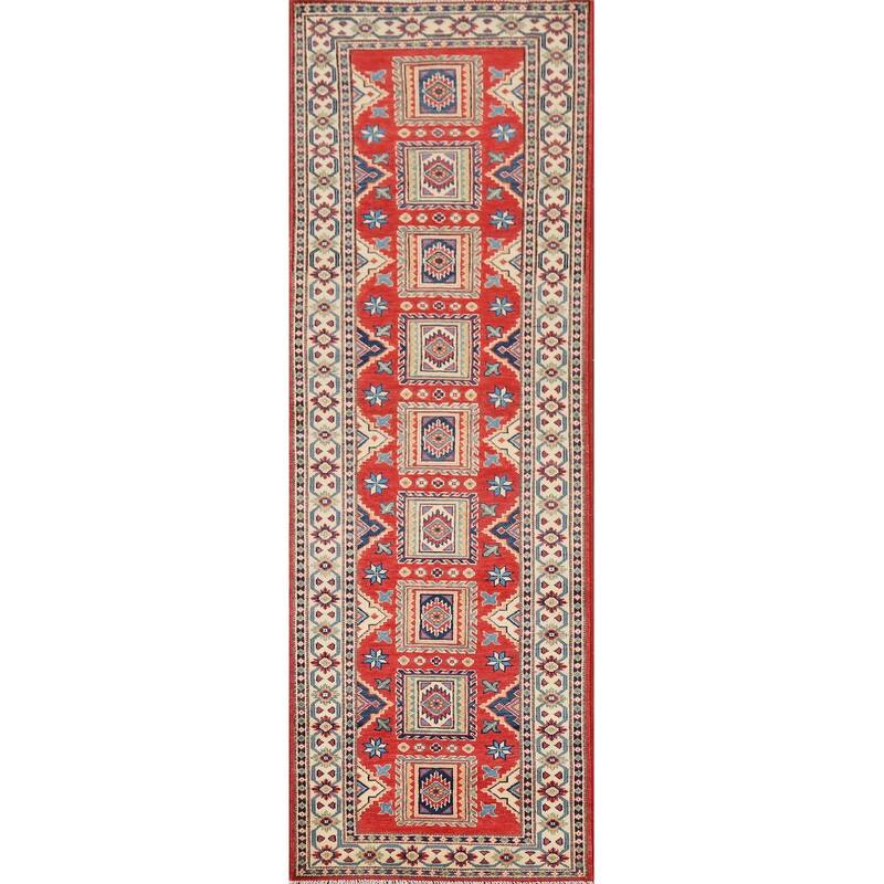 Geometric Kazak Runner Rug Hand-Knotted Wool Carpet - 2'8" x 10'1"