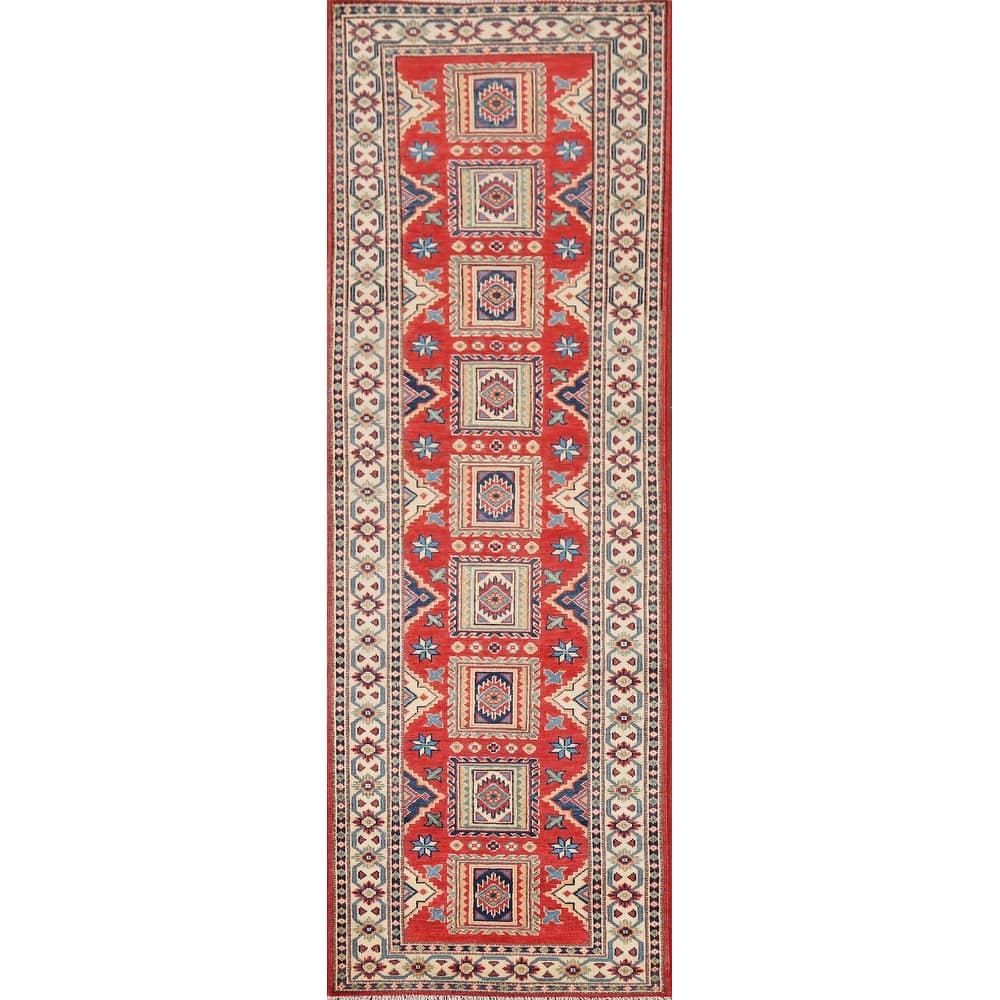Geometric Kazak Runner Rug Hand-Knotted Wool Carpet - 2'8" x 10'1"