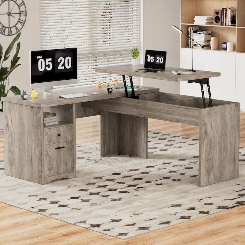 Modern Farmhouse Lift Top L-Shaped Desk with Charge Station, Corner Desk with File Drawers for Home Office