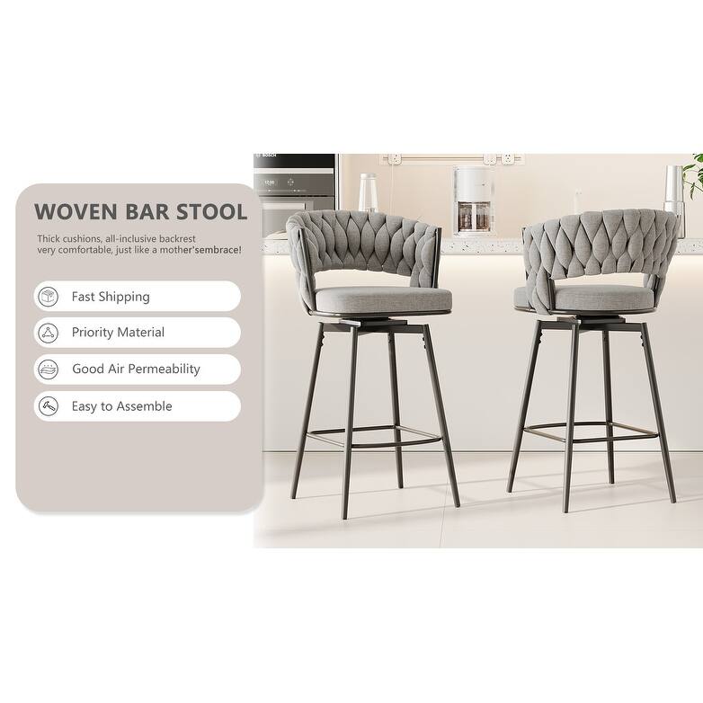 Swivel Bar Stools Set of 2, Upholstered Kitchen Island Chair with Woven Back, Counter Height Chair with Footrest