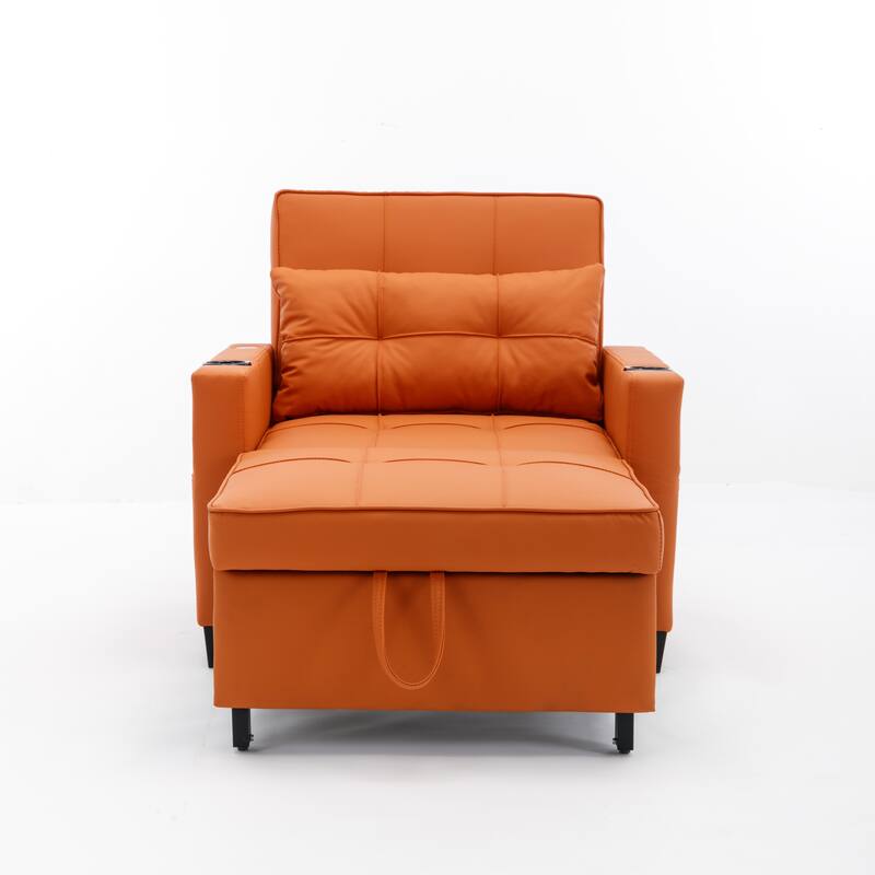 Faux Leather Convertible Sofa Bed with USB Ports