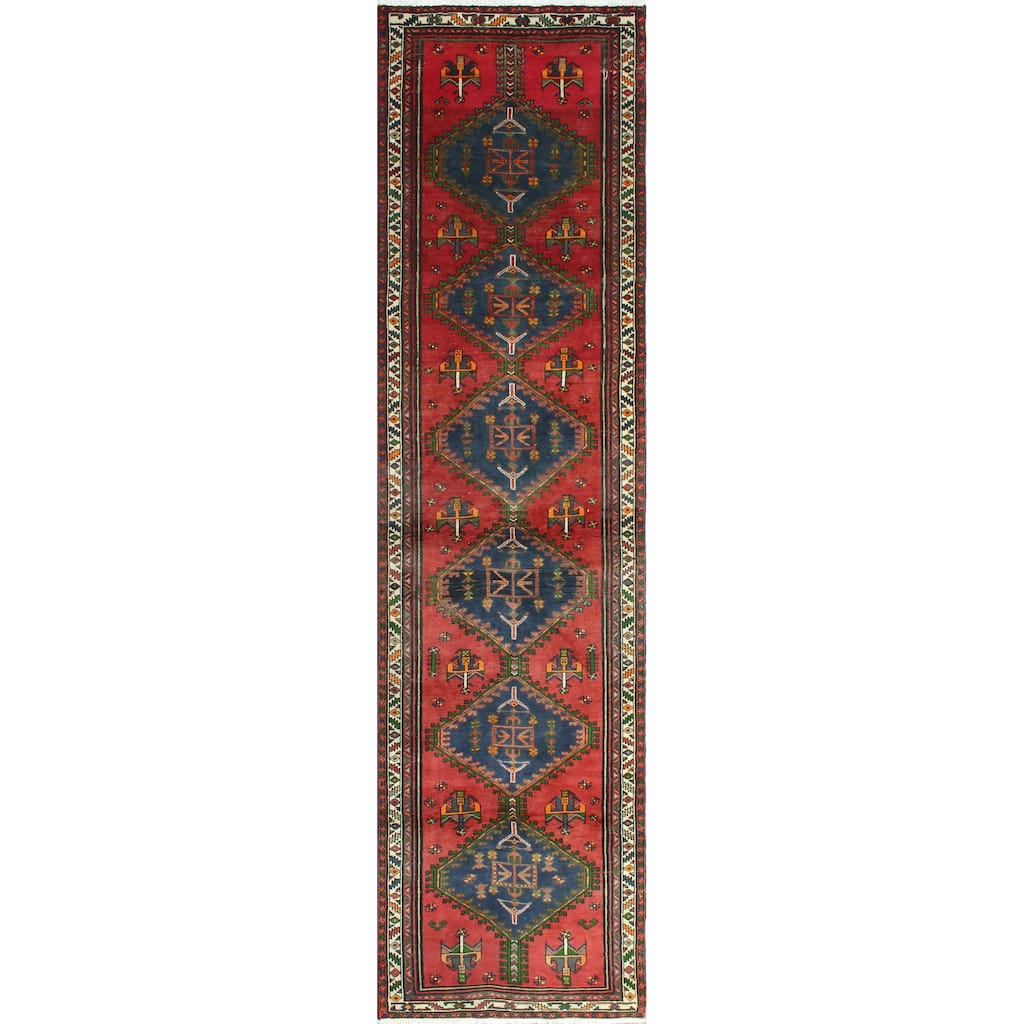 Fine Vintage Distressed Colman Red/Navy Runner - 3'6" x 14'6"