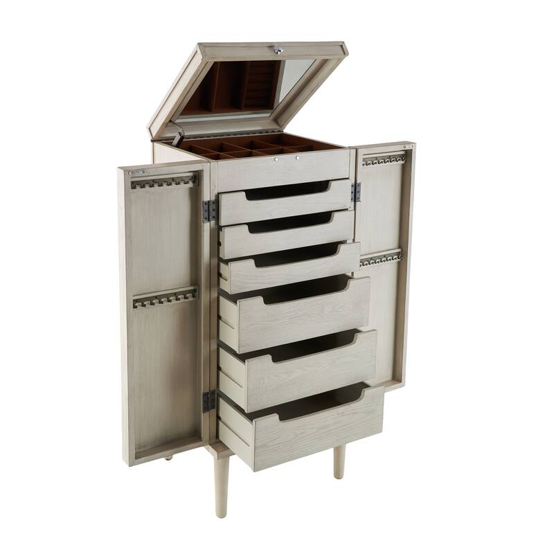 Wooden Geometric Oval Rattan Jewelry Cabinet with Mirrored Lift Top - Light Gray - Roche River Decor - 18"W x 20"L x 47"H