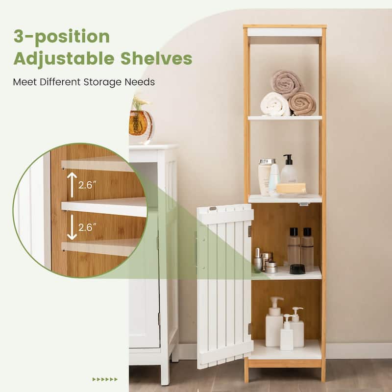 Gymax Tall Bathroom Floor Cabinet Bamboo Bathroom Storage w/Adjustable
