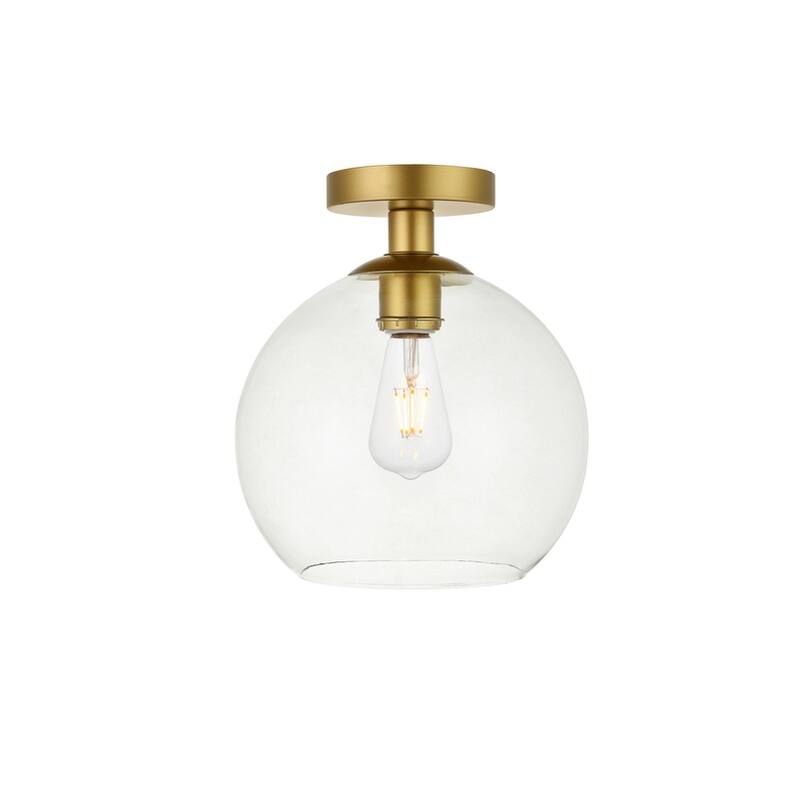 1-light Flush-mount Ceiling Fixture w/ 10-in. Spherical Clear Glass Shade - Brass