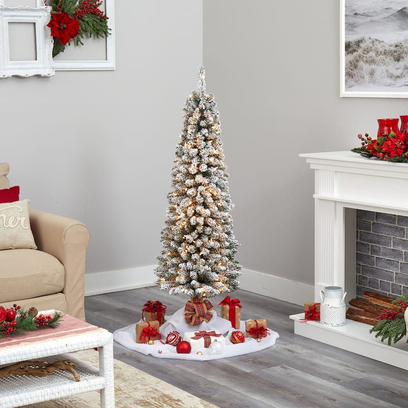 5’ Pre-Lit Pencil Flocked Artificial Christmas Tree, Clear LED Lights - 5 Foot