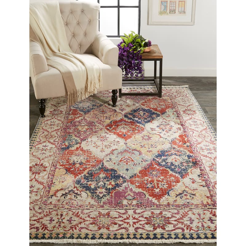 Tessina Distressed Ornamental Rug, Rust/Red, Area Rug - 5'3" x 7'6" - Dark Blue/Rust Orange/Mauve Orchid