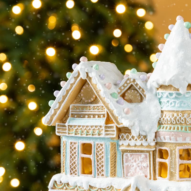 Glitzhome 12"H Resin Lighted Christmas Gingerbread House Village Table Decor