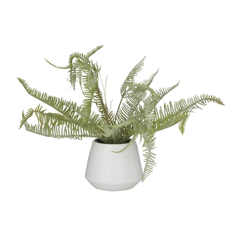 Faux Foliage Fern Artificial Plant with Realistic Leaves and White Ceramic Pot - Green - Roche River Decor - Green - 19"W, 14"H