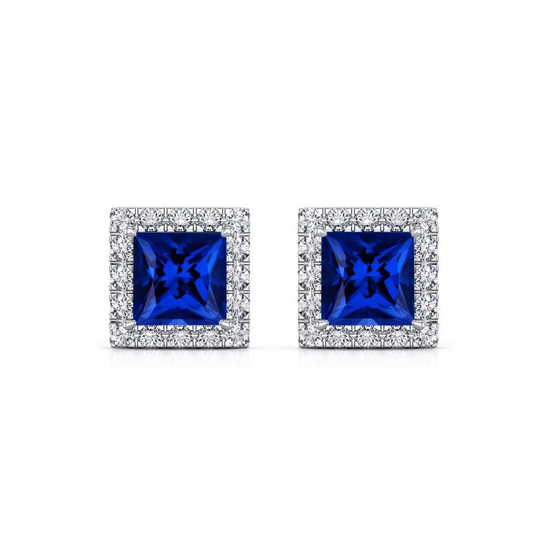 Auriya 14k Gold Lab Grown Gemstone Blue Sapphire Stud Earrings Princess 0.25 to 5.00 ct. tw. Halo Push-Back