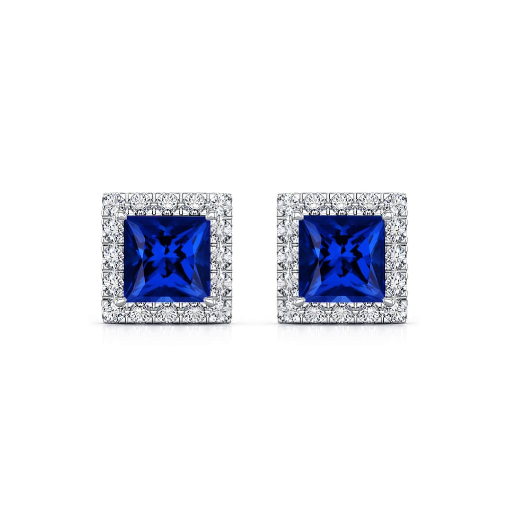 Auriya 14k Gold Lab Grown Gemstone Blue Sapphire Stud Earrings Princess 0.25 to 5.00 ct. tw. Halo Push-Back