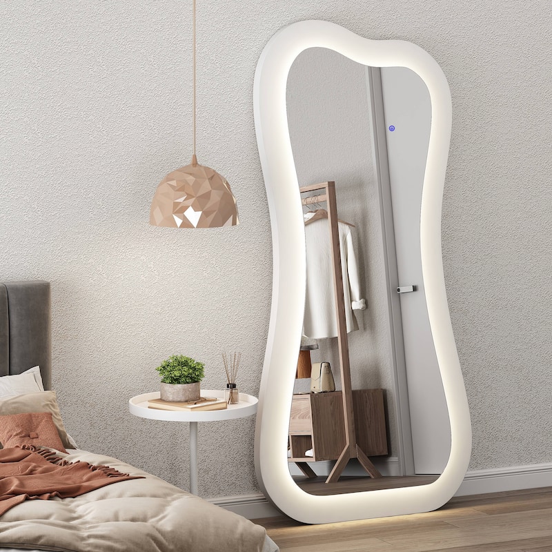 Asymmetrical Lighted Floor Mirror Full Length Mirror - White