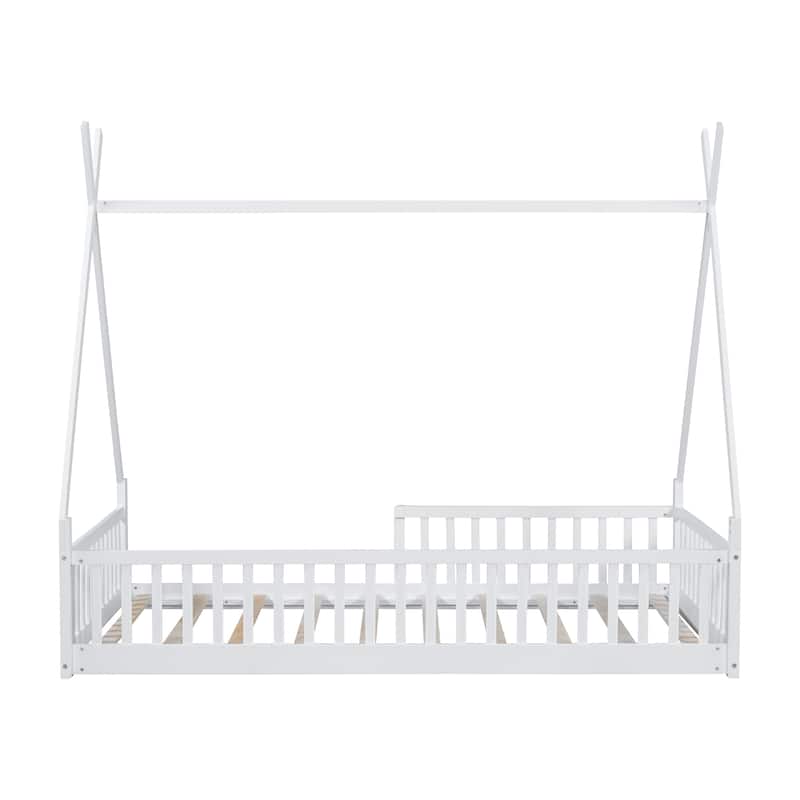 Twin Size Floor Bed, Platform Bed Frame with Fence and Roof, Solid Wood Playhouse Bedframe w/Open Door, No Box Spring Needed