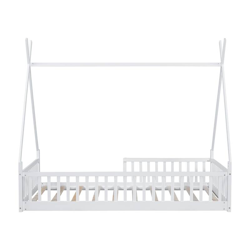 Twin Size Wood House Bed with Fence