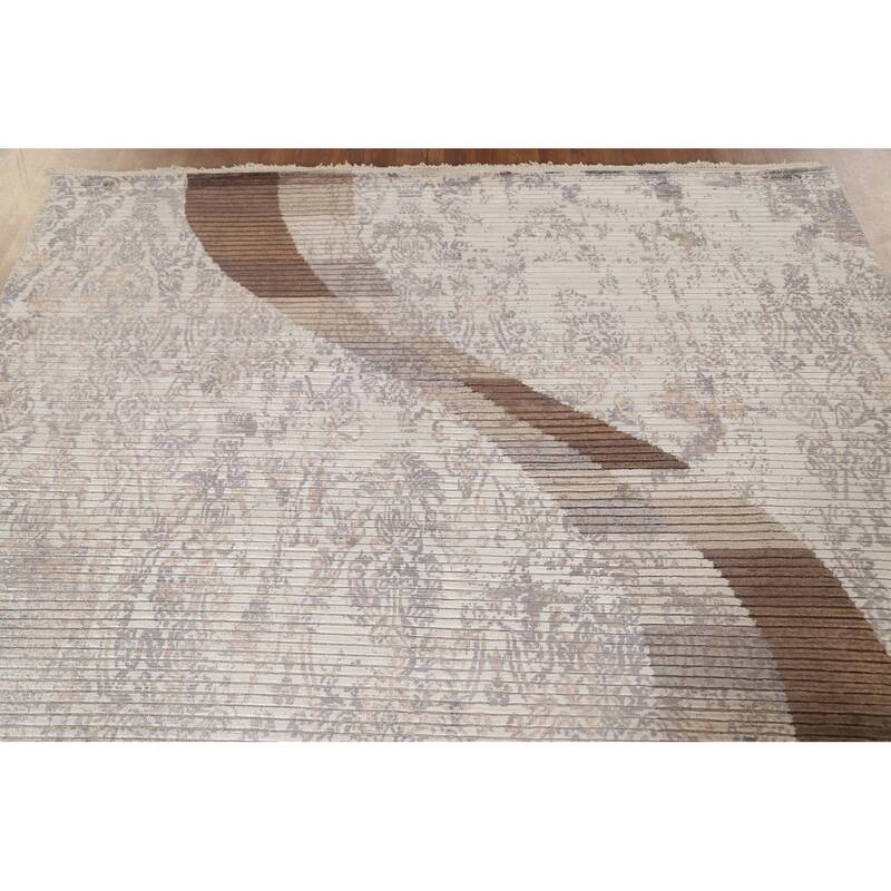 Beige Striped Modern Indian Area Rug Handmade Wool Carpet - 6'6"x 9'1"