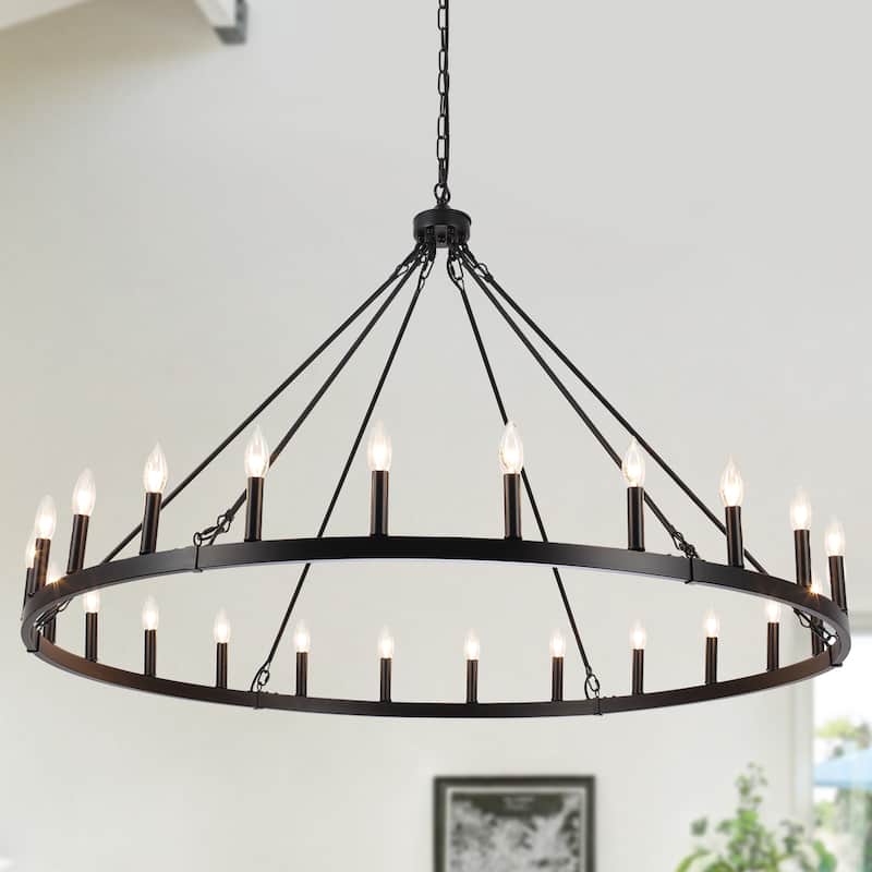 24 - Light 52in. Lagre Dimmable Wagon Wheel Chandelier Farmhouse Round Vintage Candle Style Light - N/A - Black