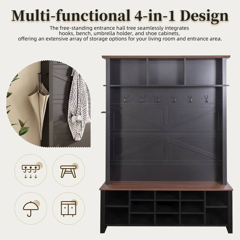 Farmhouse 4-in-1 Hall Tree with 6 Hooks, Entryway Bench with Shelves, Wooden Style Shoe Organizer with 16 Open Compartments
