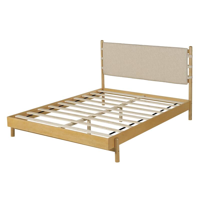 Low-Profile Platform Bed Frame with Upholstered Panel Headboard Wood Slat Supports and Center Support Legs for Bedroom Apartment