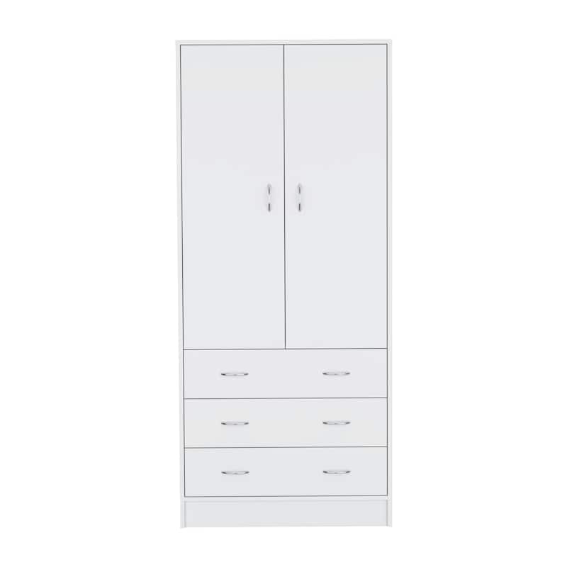 19" Modern Double-door Armoire with 3 Drawers and 1 Hanging Rod for Bedroom