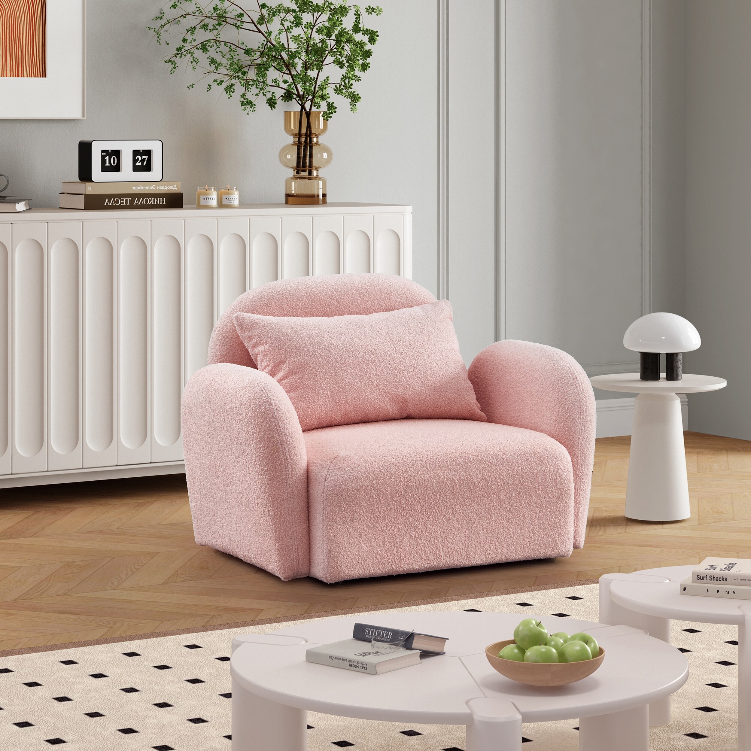 Modern Accent Sofa Chair Pink Teddy Curved Armchair Lazy Floor Lounge Chair Round Arms Reading Chair Sofa with Thick Back Bed Bath Beyond 40263448