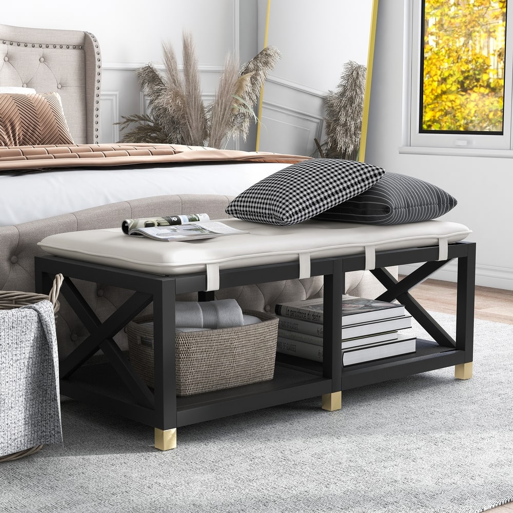 Transitional Wood Storage Bench with Removable Faux Leather Cushions by Furniture of America