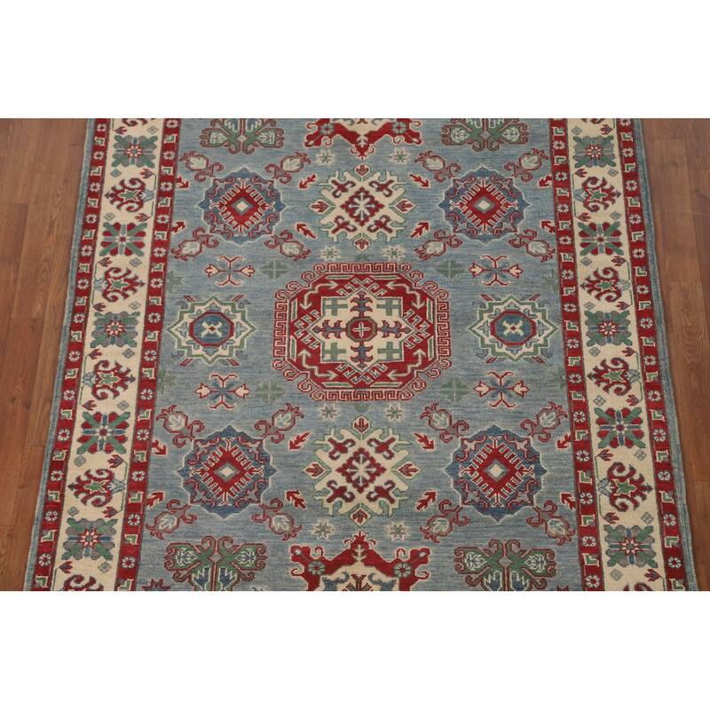 Blue Geometric Kazak Area Rug Hand-Knotted Wool Carpet - 4'11" x 6'4"