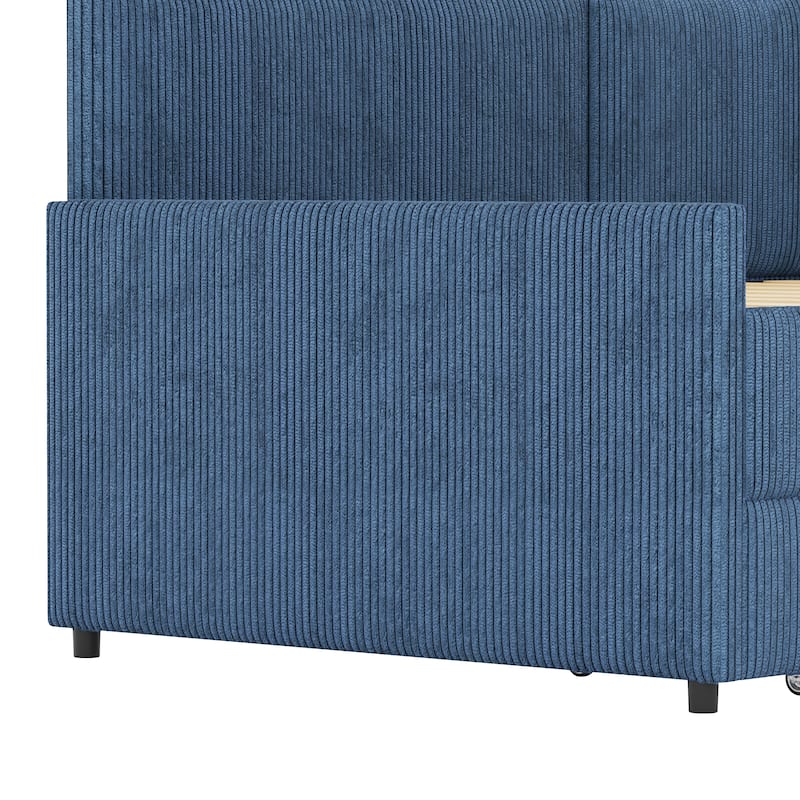Vertical Lines Upholstered Platform Bed Frame with 2 Storage Drawers, L-Shaped Corduroy Daybed Sofabed