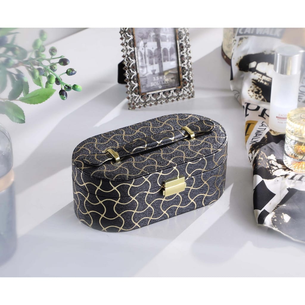 9.5" Long Leather Jewelry Organizer Case with Mirror, Gold Swirl Pattern, Black