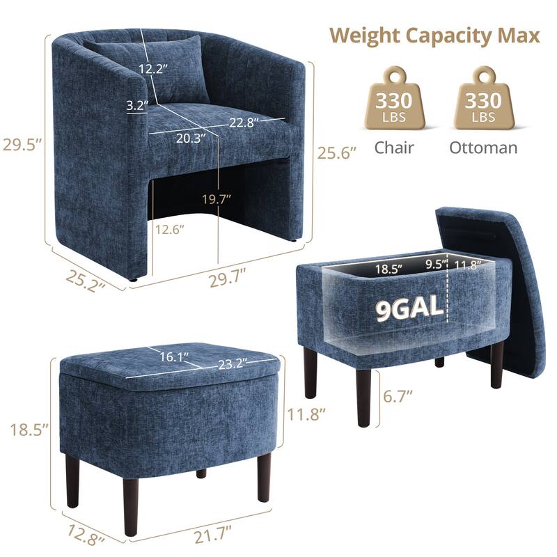 Barrel Accent Chair With Storage Ottoman,Modern Living Room Barrel Chair,Chenille Reading Chair With Ottoman For Living Room