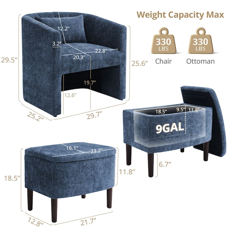Upholstered Chenille Barrel Accent Chair With Storage Ottoman,Modern Barrel Arm Chair,Reading Chair With Ottoman For Living Room