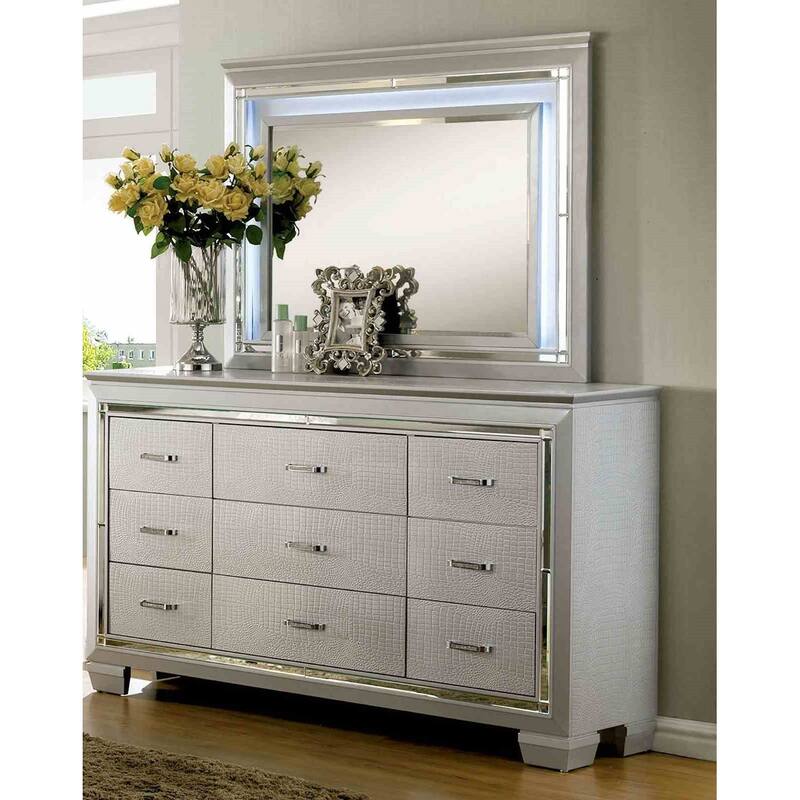 Silver Finish Bedroom Set Contemporary LED Bed Dresser Mirror Nightstand Chest