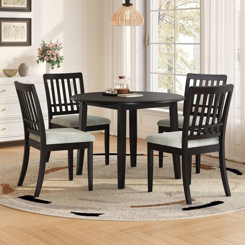 5-Piece Round Dining Table Set for 4 People, 1 Folding Wood Dining Table + 4 Upholstered Chairs, for Small Apartments
