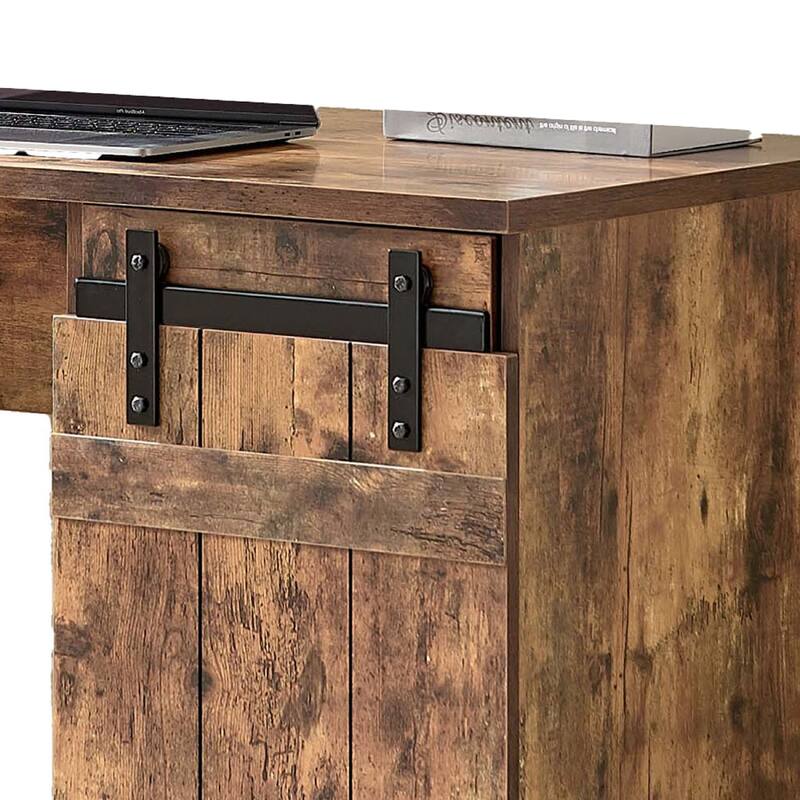 Fior Home Writing Desk, 47 Inch, Distressed Brown Wood, Faux Barn Door