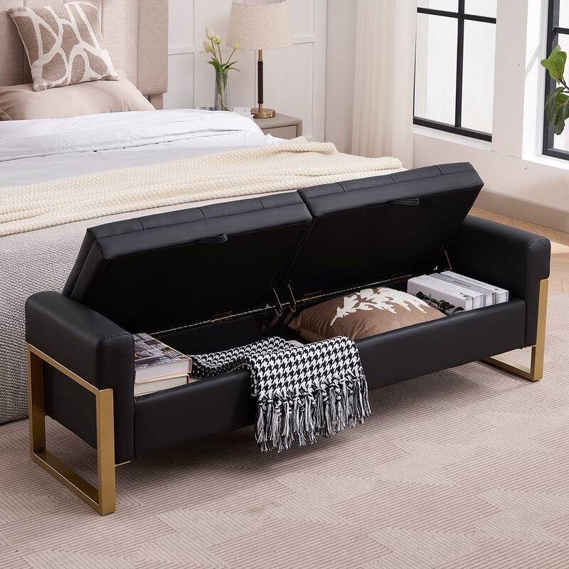 66" Storage Bench for Bedroom End of Bed with Double Lids and Gold Legs
