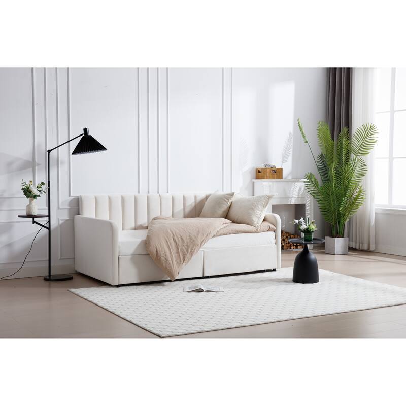Velvet Upholstered Twin Daybed with Tufted Backrest and 2 Drawers for Master Bedrooms, Guest Rooms, Modern Design