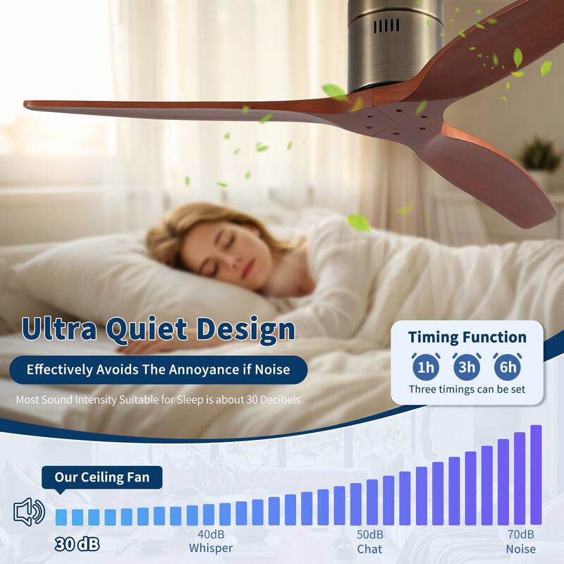 52"Mordern Rustic Elegance Solid Wood Blades Low Profile Flush Mount Ceiling Fan without Light